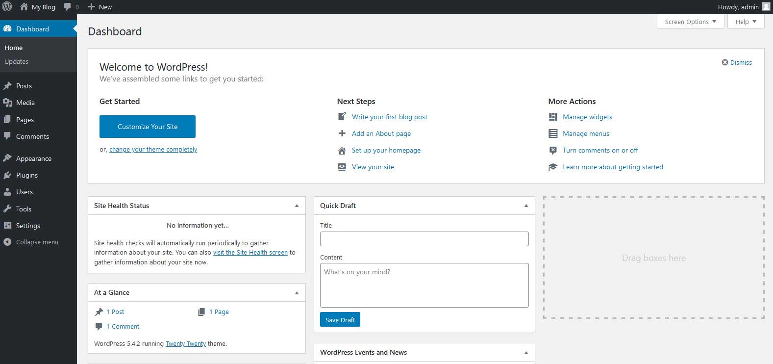 wordpress-dashboard-after-installation